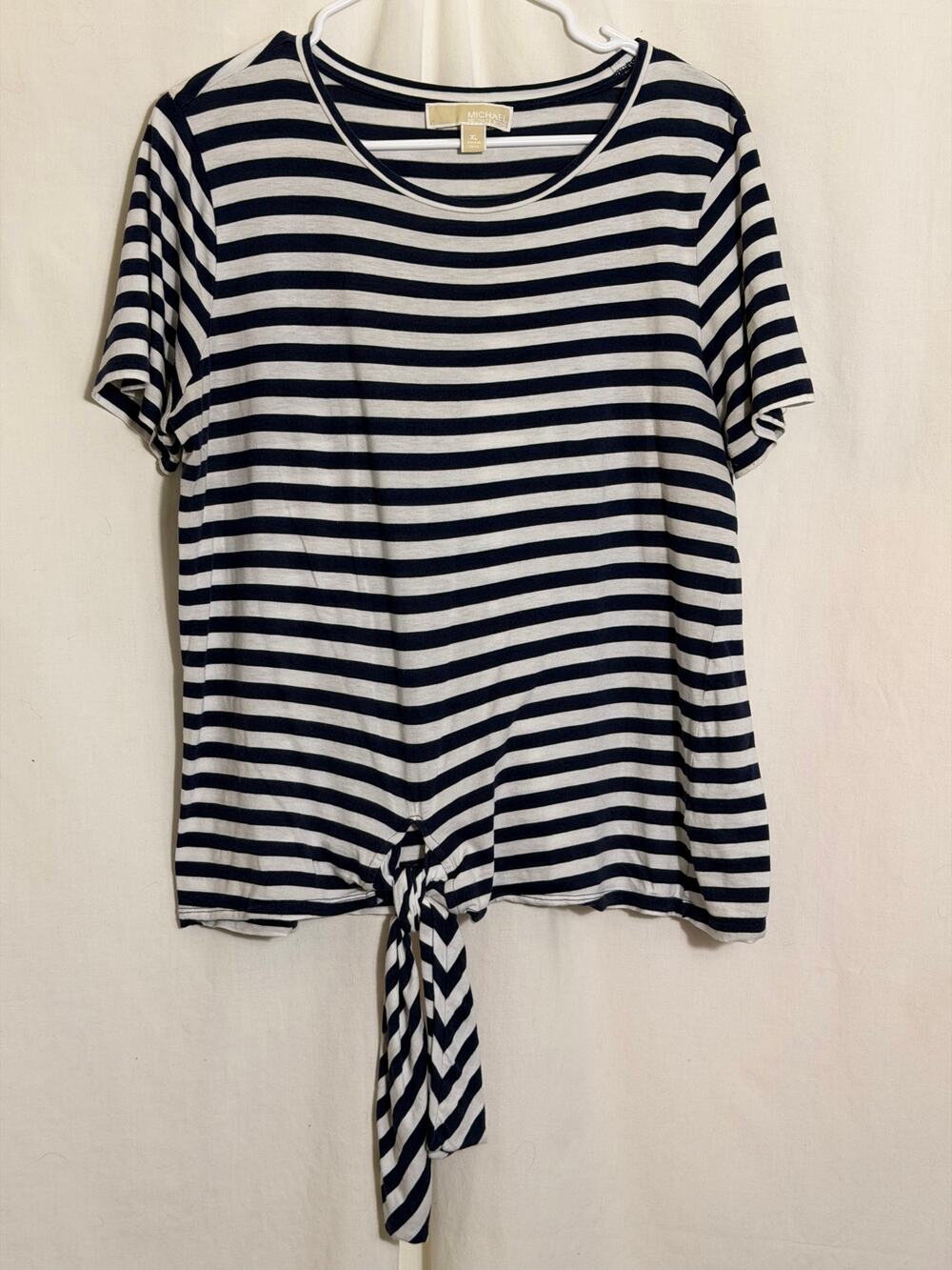 Michael Kors XL Navy White Striped Tie Front Top Short Sleeve Nautical Tee